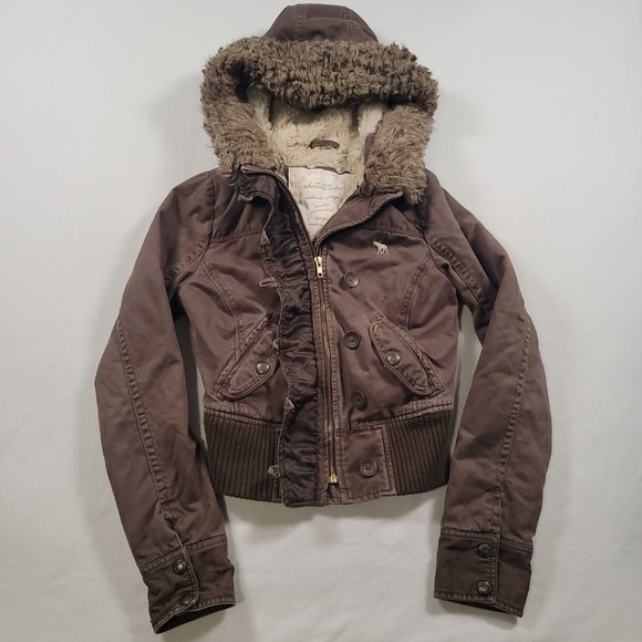 Abercrombie Women Hooded Cropped Jacket Large Brown Faux Fur Lined Zip Button - Picture 2 of 10